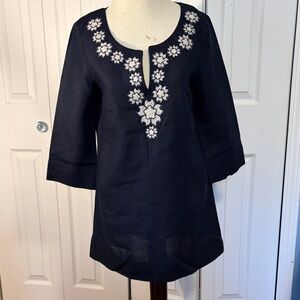 J. Crew Women's Navy Tunic Top with White Floral Embroidery linen size 4